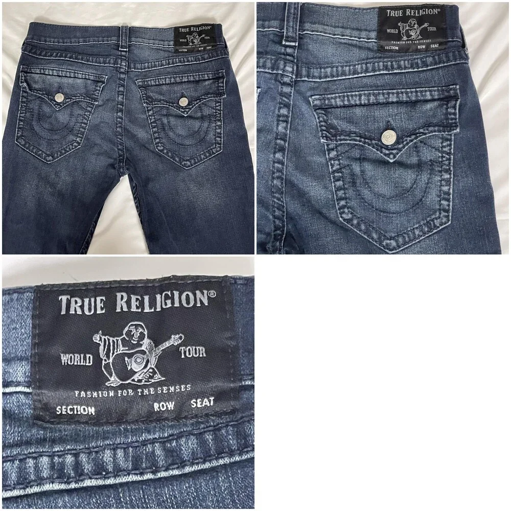 True Religion Geno Relaxed Slim Jeans Mens 35x34 Dark Blue Denim Geno Flap Big T